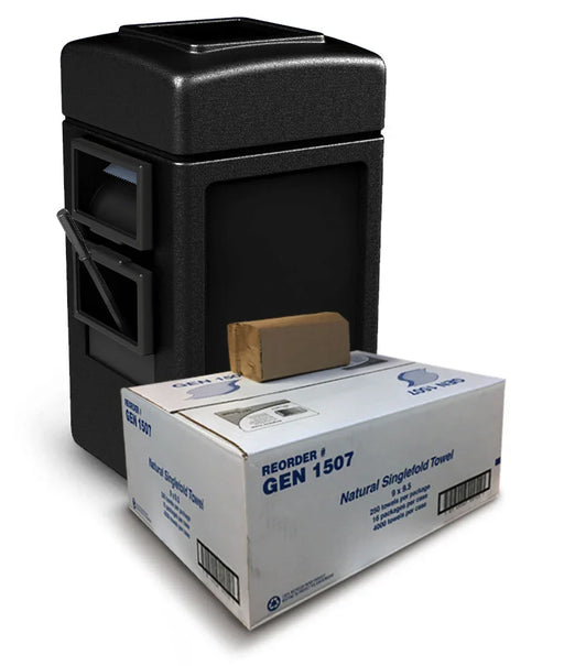Black commercial towel dispenser with GEN 1507 natural singlefold towel box