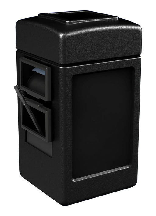 Black commercial trash receptacle with side access door and top opening